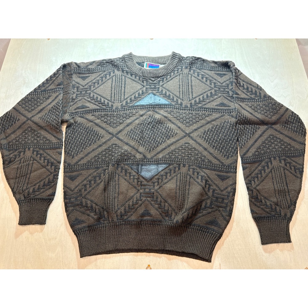 Vintage 80s Sweater Graphix Geometric Knit Sweater Mens Large Brown Korea